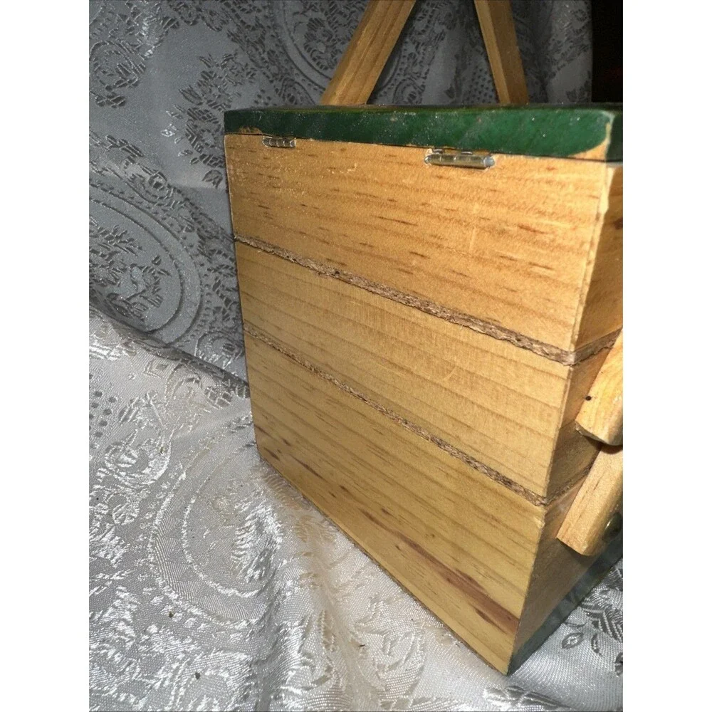 VTG Wood Fold-Out Sewing Box Hand Painted Mexico Double Handle Small 3 Tier